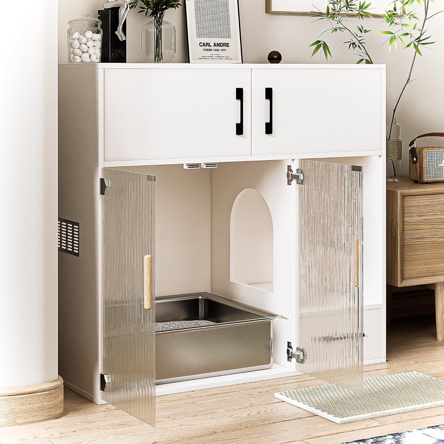 Cat Litter Box Enclosure Furniture Style White Cabinet Side Table with Storage O8952