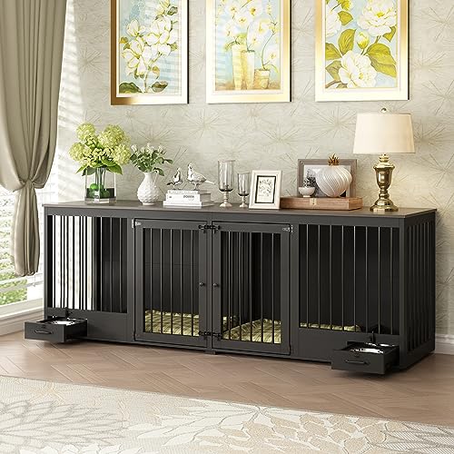 Large Wooden Dog Crate for 2 Dogs with Bowl Drawers, White F986