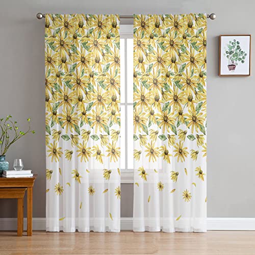 Spring Floral Sheer Curtains Yellow Flowers Weeping Summer Botanical Rod Pocket Semi-Sheer Curtain, Voile Window Panels Treatment for Bedroom, Living Room, Set of 2 Curtain Panels 52 x 54 inch,