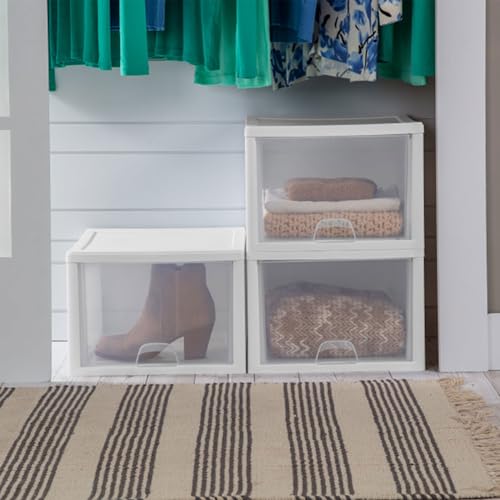 Sterilite 4-Pack 27 Quart Stacking Drawer, Clear Storage Organizer with White Frame M965