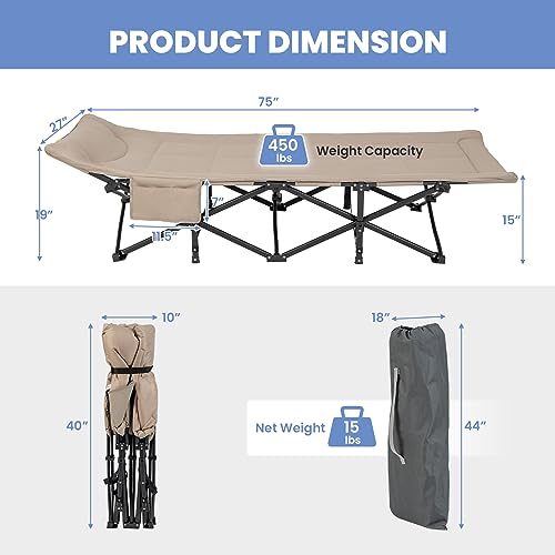 Giantex Folding Camping Cot for Adults with Carry Bag, Cushion & Headrest, Supports 450 lbs, Gray G52982