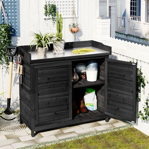 Polibi 39" Potting Bench Table, Outdoor Wooden Workstation with Storage Cabinet A50563