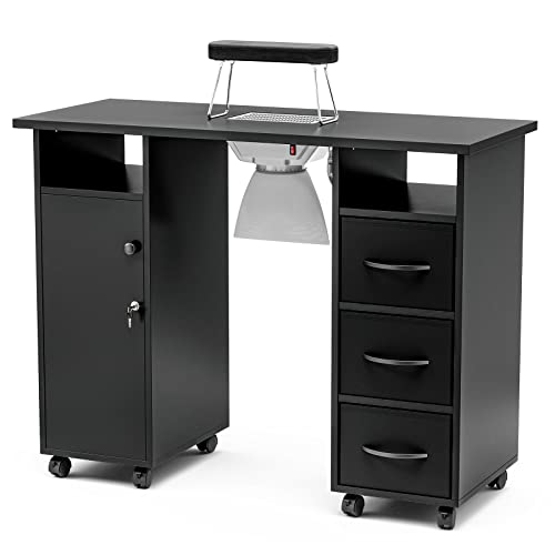Paddie Manicure Table Nail Desk for Technician, Acetone Resistant Nail Tech Table Nail Table Station w/Dust Collector, Wrist Cushion, Non-Woven Drawers, Lockable Wheels & Cabinet (Black)
