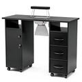 Paddie Manicure Table Nail Desk for Technician, Acetone Resistant Nail Tech Table Nail Table Station w/Dust Collector, Wrist Cushion, Non-Woven Drawers, Lockable Wheels & Cabinet (Black)