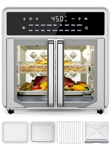 Air Fryer French Door Oven,15.8 Qt Toaster Oven Countertop Combo,18 Presets & 1 Preheat & Light, Airfryer Basket,Wire Rack,Baking Pan,Crumb Tray,Compact Design,Stainless Steel,Small