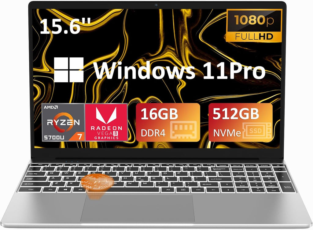 AMD Ryzen 7 5700U Laptop, Radeon RX Vega 8 Graphics, 16GB DDR4 RAM, 512GB M.2 PCIe NVMe SSD, 15.6" FHD IPS LCD, Backlit Keyboard, Fingerprint Reader, Webcam, USB C, Bluetooth, 5G WiFi, Windows 11 Pro