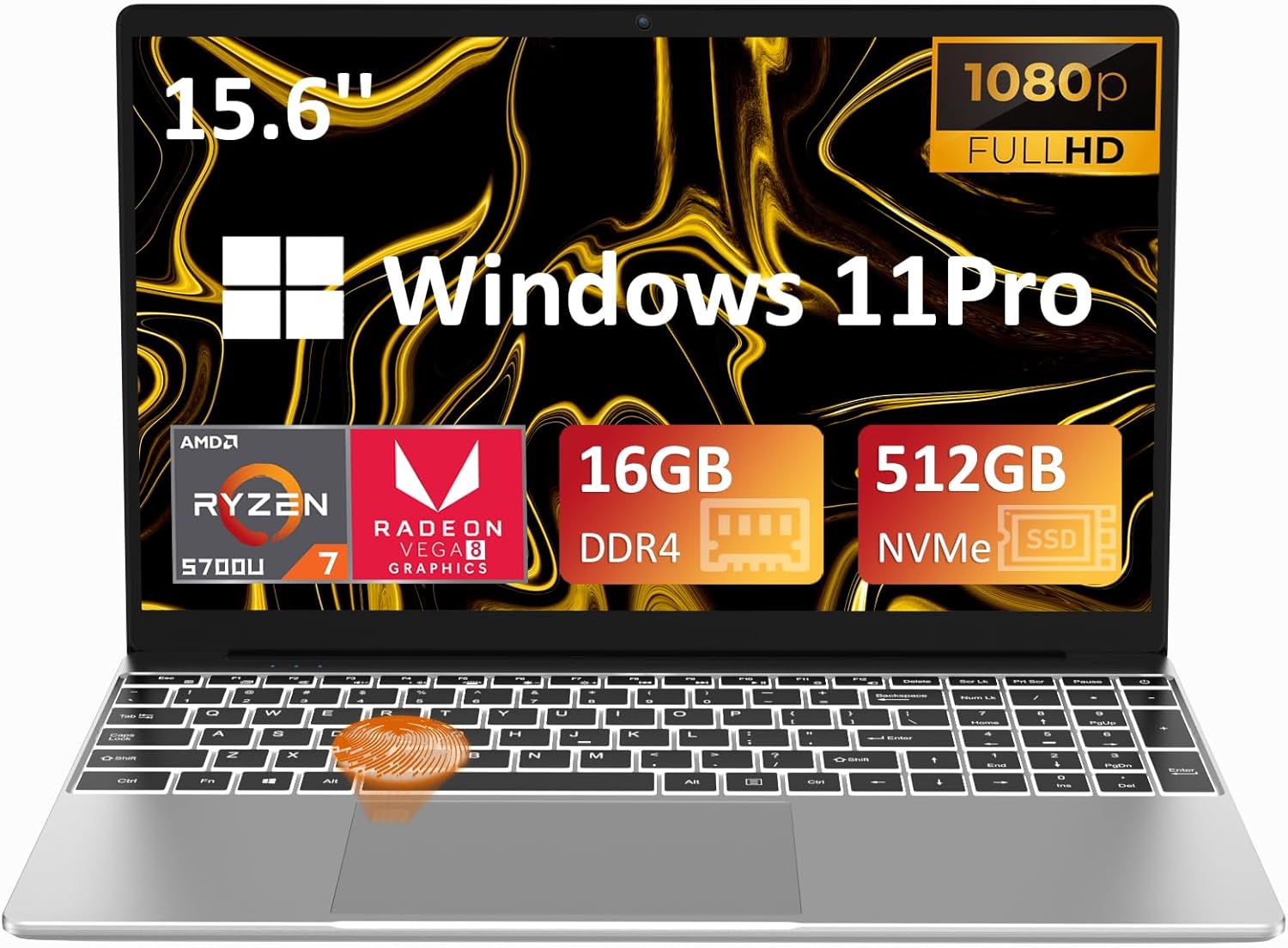 AMD Ryzen 7 5700U Laptop, Radeon RX Vega 8 Graphics, 16GB DDR4 RAM, 512GB M.2 PCIe NVMe SSD, 15.6" FHD IPS LCD, Backlit Keyboard, Fingerprint Reader, Webcam, USB C, Bluetooth, 5G WiFi, Windows 11 Pro