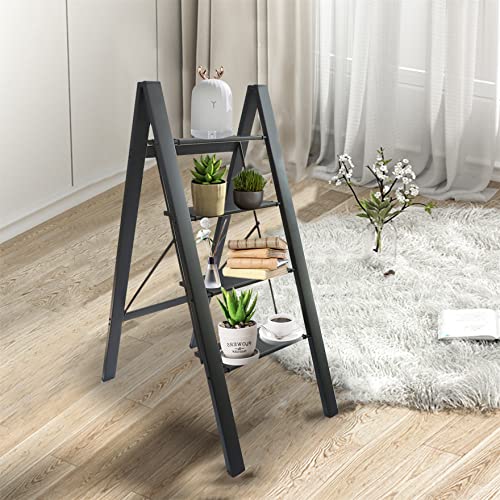 4 Step Aluminium Folding Ladder with Anti-Slip Pedal, 330 Lbs Capacity, Black Y538
