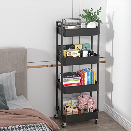 Sywhitta 3-Tier Plastic Rolling Utility Cart with Handle, Black F220270