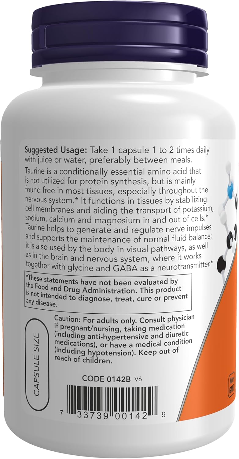 NOW Supplements Taurine 1,000 mg Double Strength, 100 Veg Capsules J855468