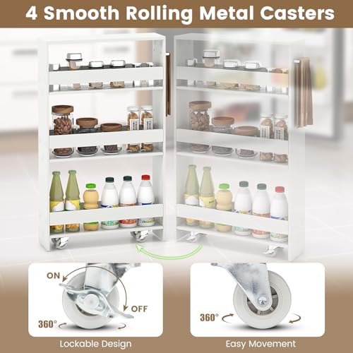 Slim 4-Tier Rolling Storage Cart on Wheels, Wood Shelving Unit with Handle, White H76328