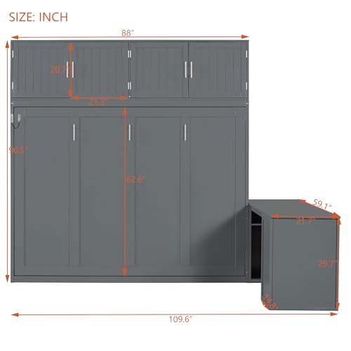 Ball & Cast Murphy Bed Queen Size Wall Chest with Charging Station and Storage Drawer, Gray J8503