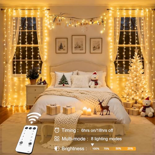 JMEXSUSS 300 LED Remote Control Christmas Curtain Lights, Warm White V64841
