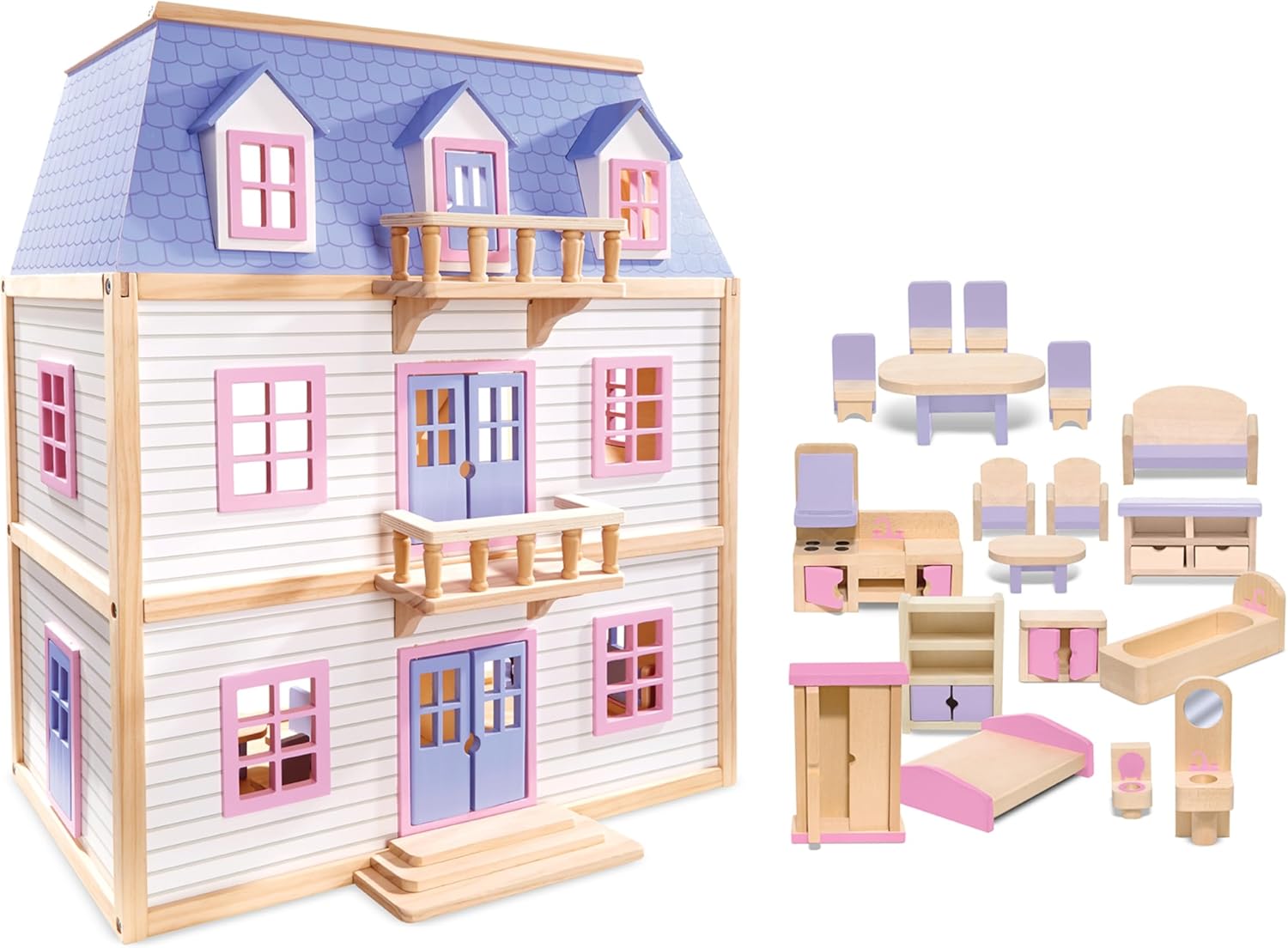 Melissa & Doug Modern Wooden Multi-Level Dollhouse with 19 pcs Furniture Q853480