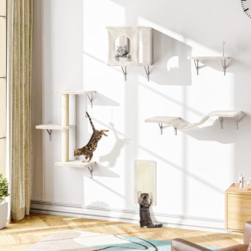 NUNU LAB Wall Mounted Cat Furniture, 7 Pcs Cat Wall Shelves with House, Gray T582052