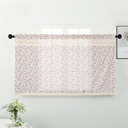 Farmhouse Cotton Linen Tier Curtain 36 Inch Floral Lace Window Treatment, Beige, 1 Panel Y267100