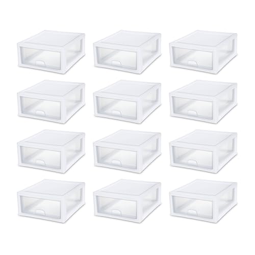 Sterilite 4-Pack 27 Quart Stacking Drawer, Clear Storage Organizer with White Frame M965