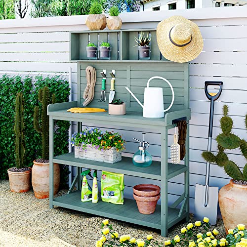Outdoor Wooden Potting Bench Table with Drawers and Storage Shelves C672480