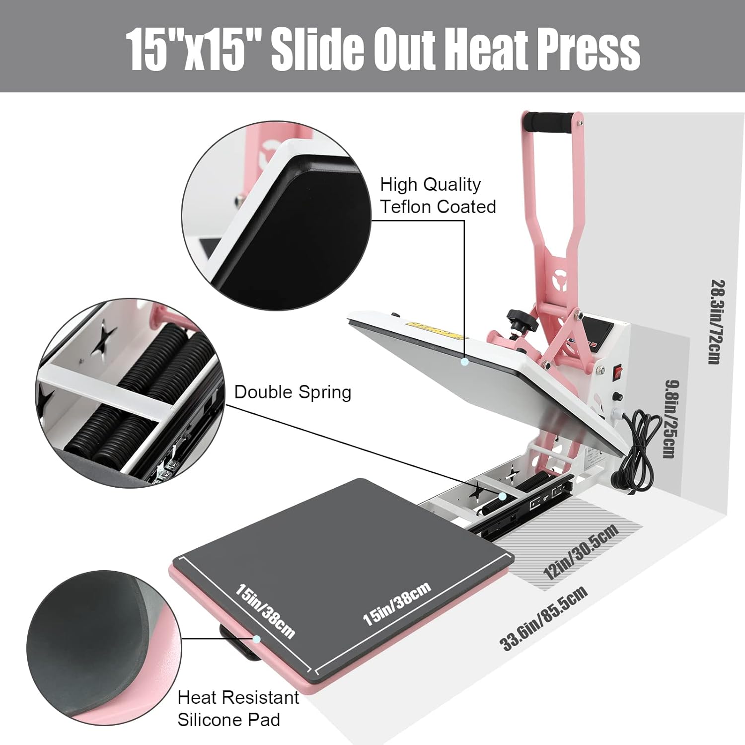 BetterSub Heat Press 15x15 inch Digital Machine for T-Shirts, Pink White T841