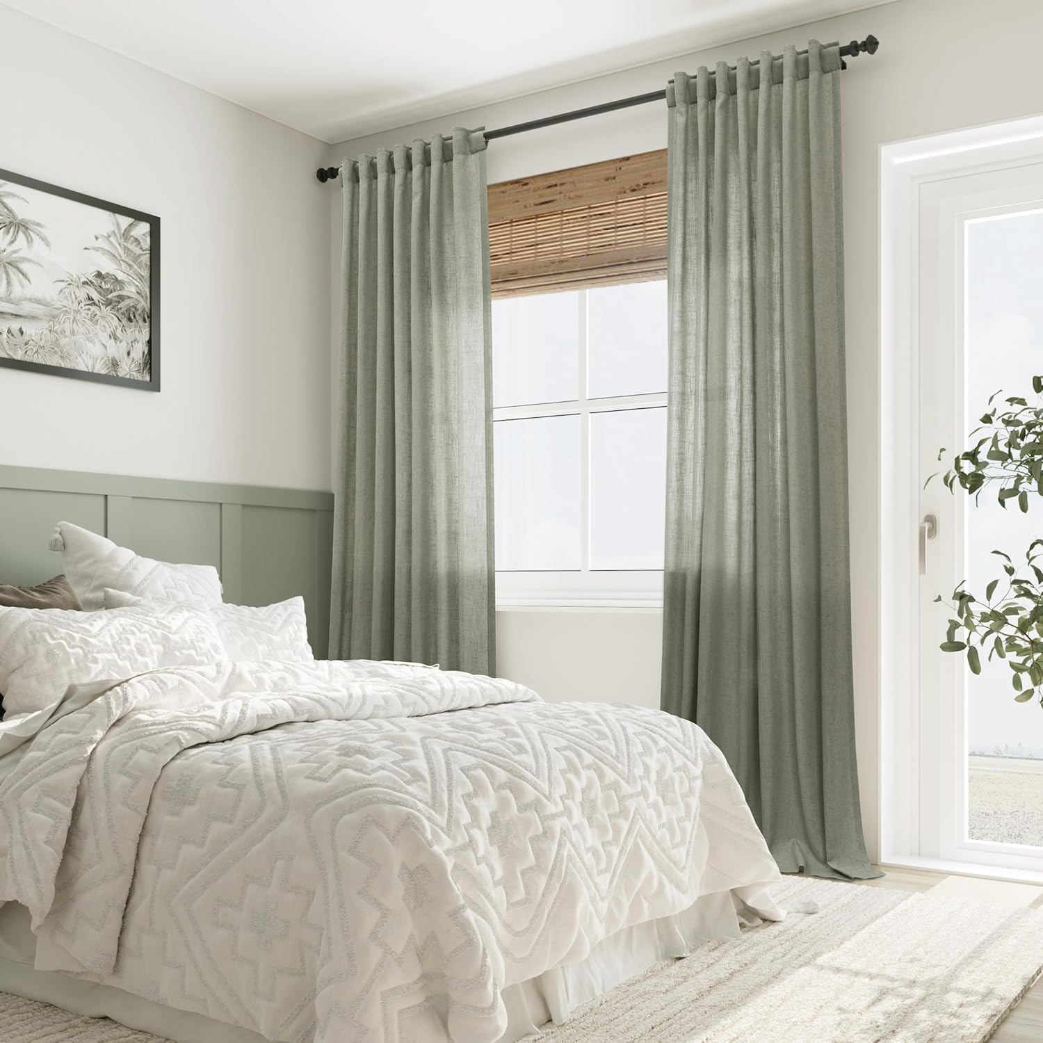 Sage Green Semi Sheer Linen Curtains 84 Inch Length 2 Panels Set D855