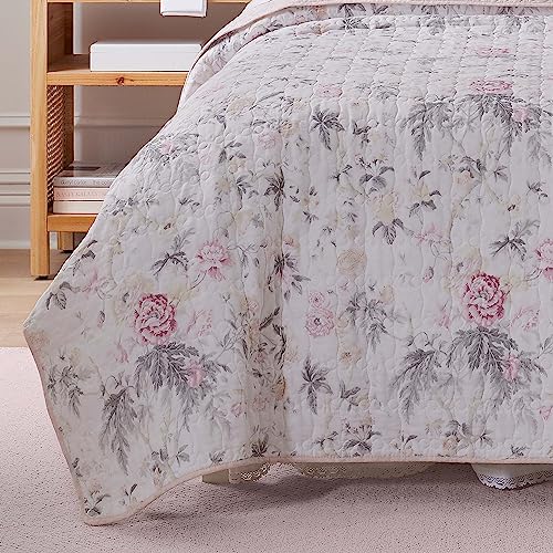 Laura Ashley King Quilt Set, Reversible Cotton Bedding with Shams, Floral Pink/Grey C4868