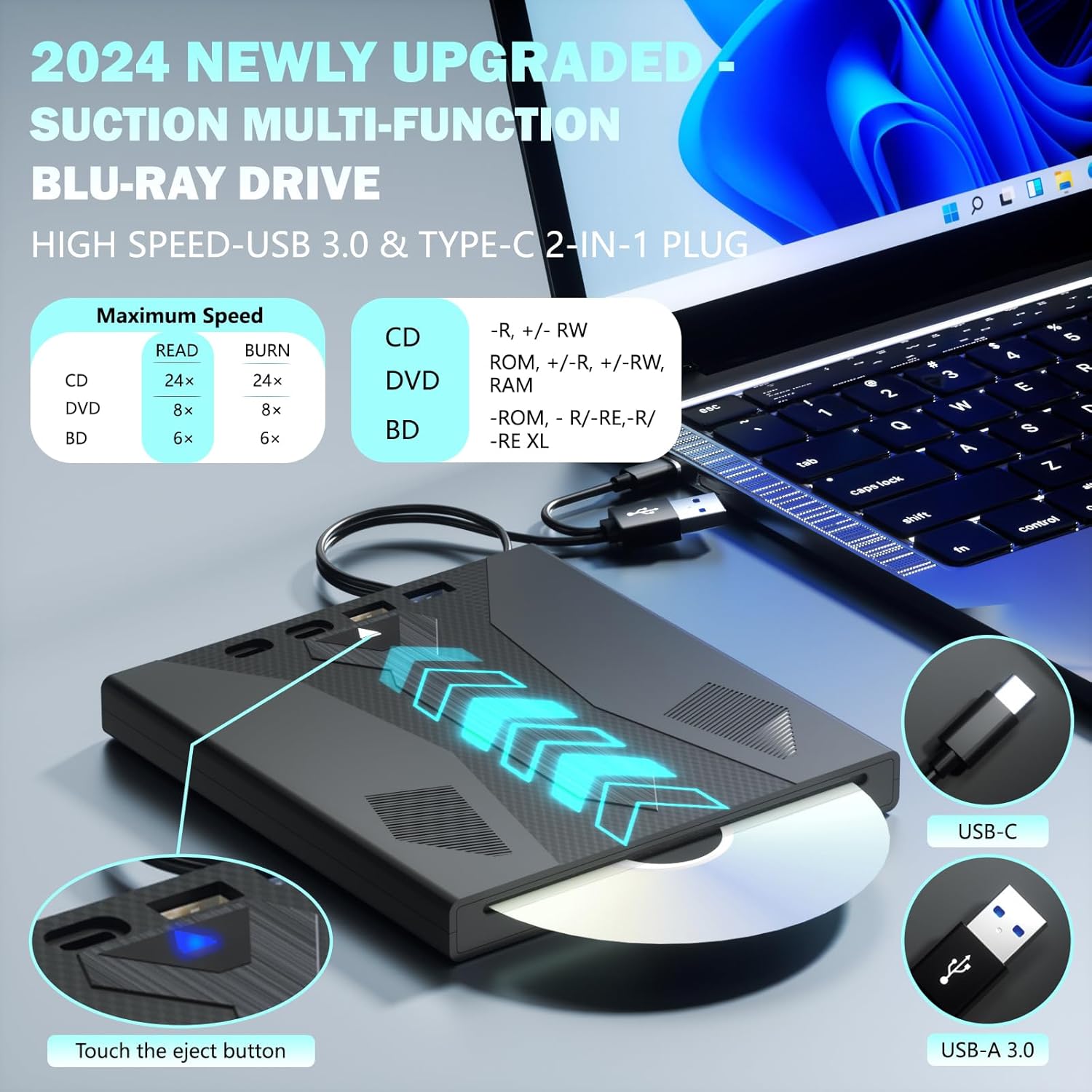 External Blu Ray Drive, USB 3.0 & Type-C, Blu Ray Burner for MacBook Laptop Desktop D42645