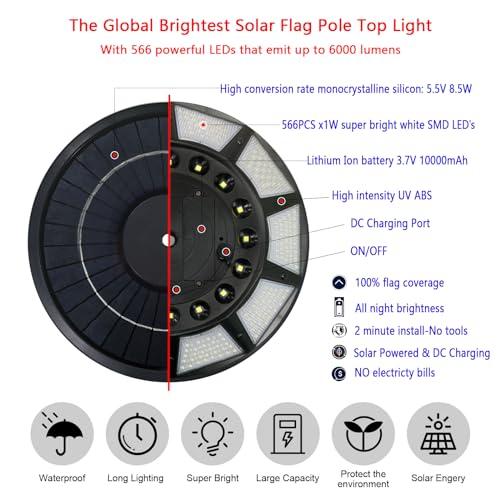 Solar Flagpole Light 6000 Lumens 566 LED IP67 Waterproof Q425642