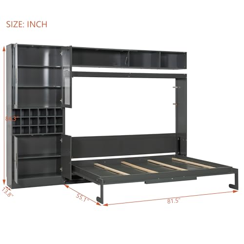 MERITLINE Queen Murphy Bed with Couch and Storage Shelves, LED Light, White J578