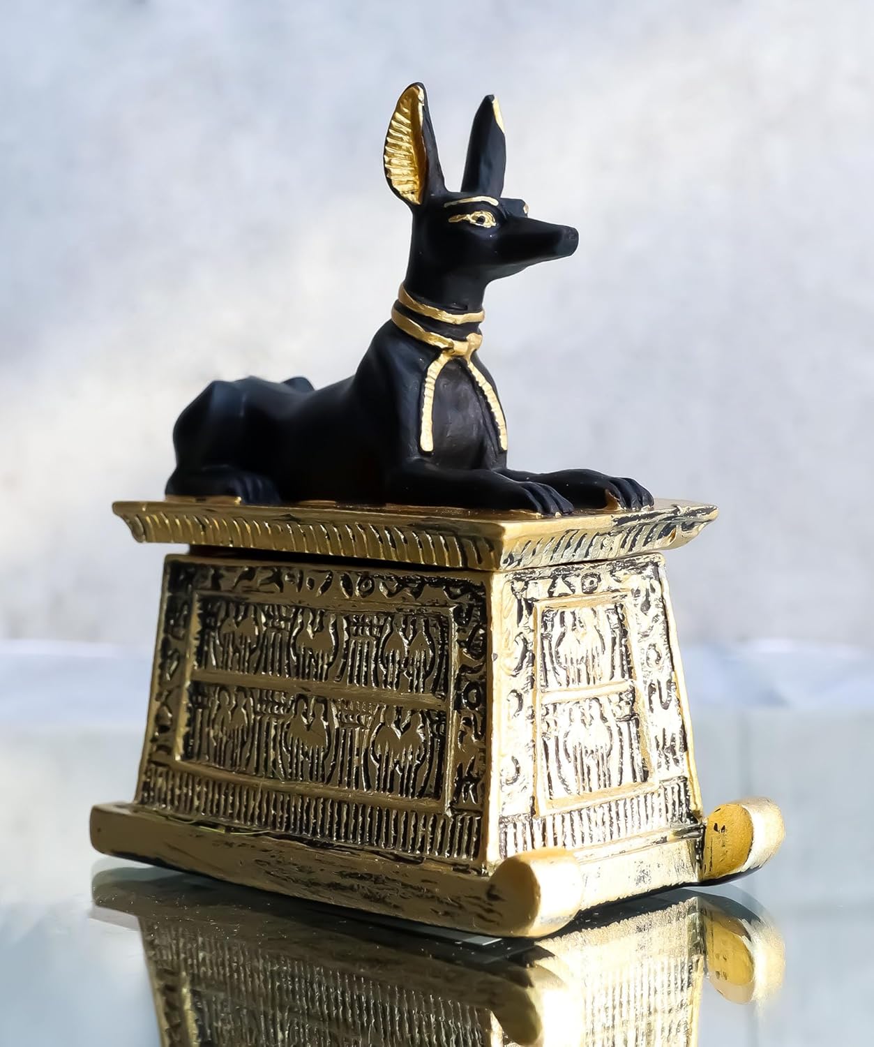 Ebros Egyptian Anubis Hieroglyphic Cartouche Box Figurine Black and Gold Finish F567