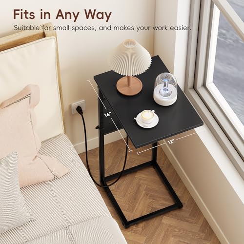 Vagusicc C Shaped End Table with Charging Station, Adjustable Height, Brown C747005