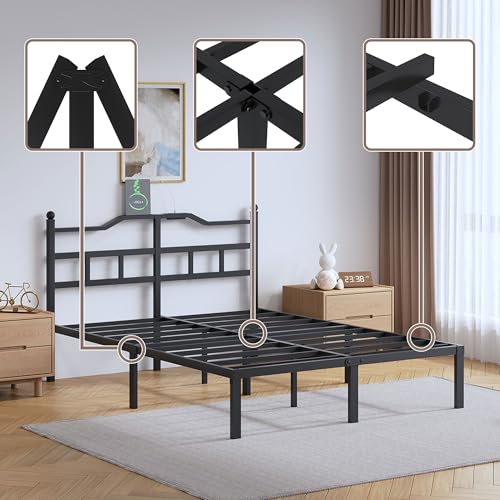 Full Metal Bed Frame 14 Inch Tall Heavy Duty Black Steel Slats Platform J736200
