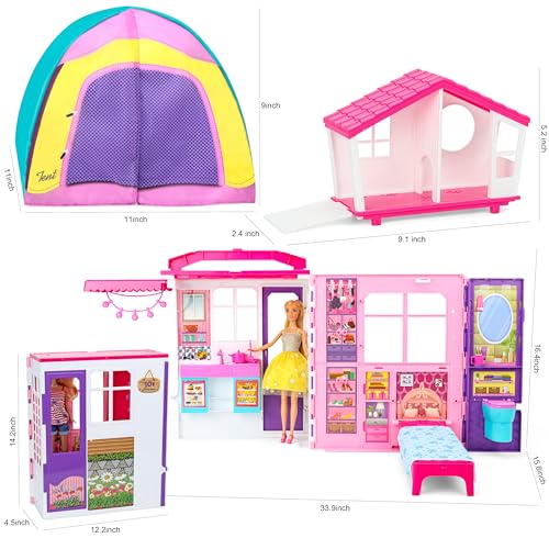 Portable Foldable Dollhouse with 60+ Pcs & 2 Dolls, Play House Toy for Girls Z270078