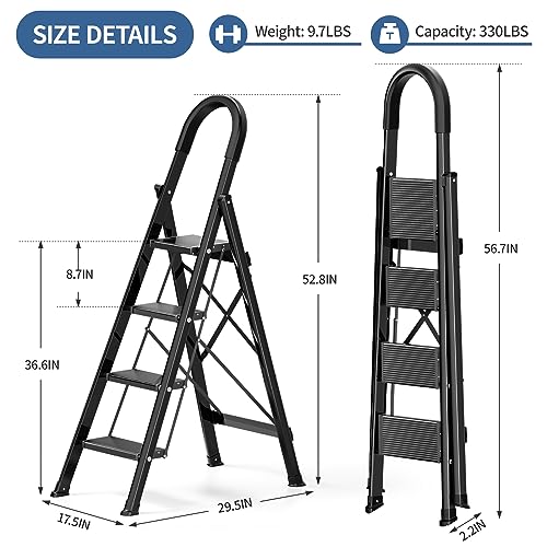 4 Step Ladder with Handgrip, Folding Aluminum Step Stool, 330lbs Capacity, Black R71948