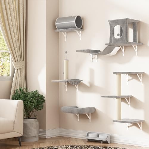 NUNU LAB Wall Mounted Cat Furniture, 7 Pcs Cat Wall Shelves with House, Gray T582052