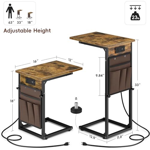 Vagusicc C Shaped End Table with Charging Station, Adjustable Height, Brown C747005