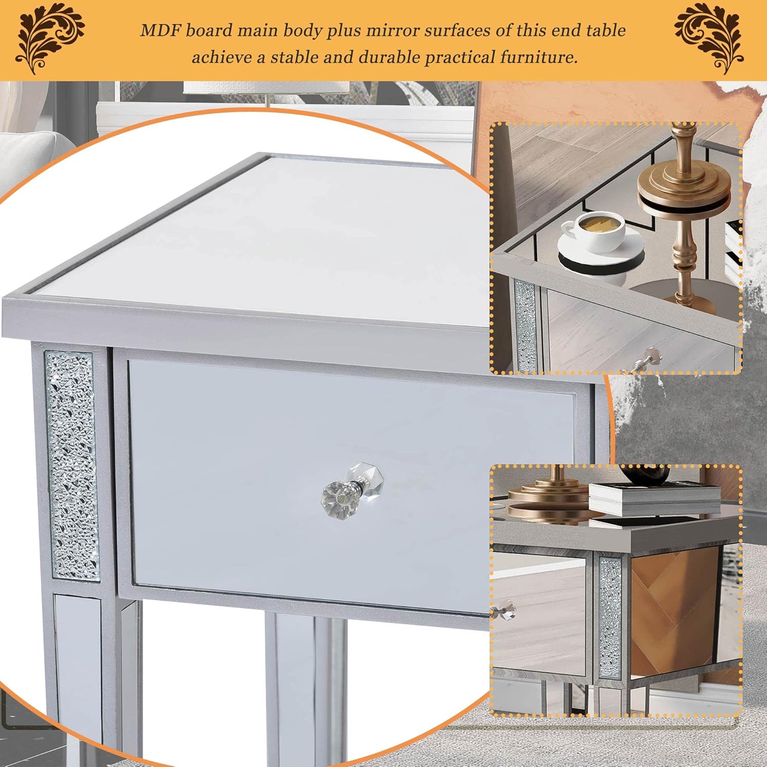 Modern Glass Mirrored End Table with Drawer, Silver V735