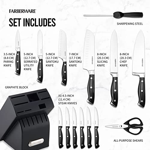 Farberware 15-Piece Forged Knife Block Set, High Carbon Stainless Steel, Wood Block J852607