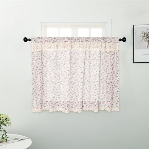 Farmhouse Cotton Linen Tier Curtain 36 Inch Floral Lace Window Treatment, Beige, 1 Panel Y267100