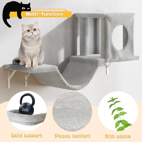 NUNU LAB Wall Mounted Cat Furniture, 7 Pcs Cat Wall Shelves with House, Gray T582052