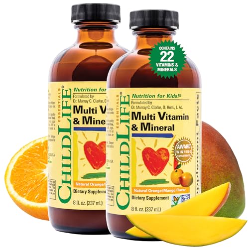 ChildLife Essentials, Kids Liquid Multivitamin and Mineral Supplement - Liquid Vitamins for Kids, All-Natural, Gluten-Free, Non-GMO - Natural Orange & Mango Flavor, 8 Fl Oz Bottle (Pack of 2)