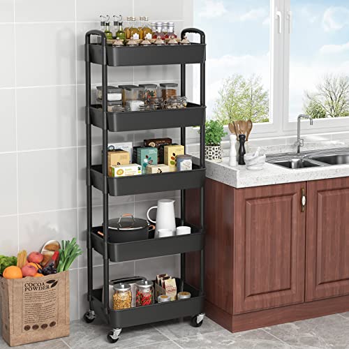 Sywhitta 3-Tier Plastic Rolling Utility Cart with Handle, Black F220270