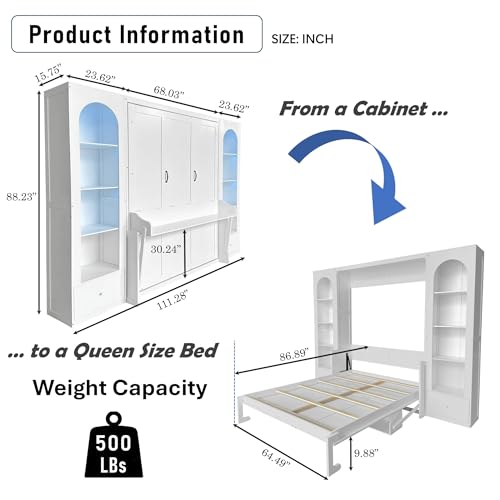 Queen Size Murphy Bed with Desk & Charging Station, White K505073