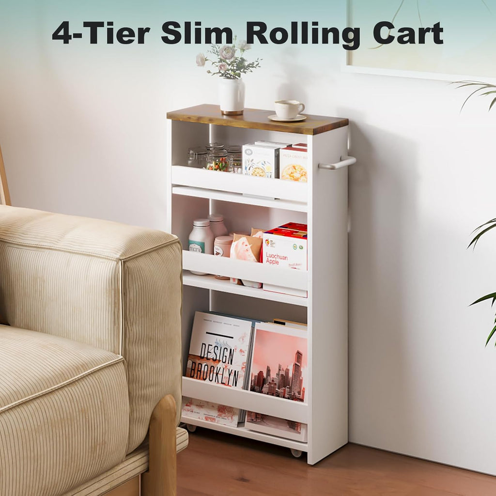 MARTY Slim Rolling Storage Cart 4-Tier Wood White Kitchen Cart with Wheels Q31344