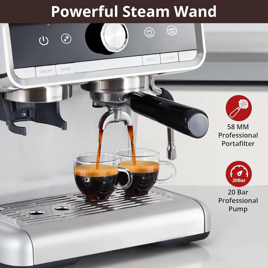 Espresso Machine with 20 Bar, Brushed Stainless Steel, Milk Frother Steam Wand M922965