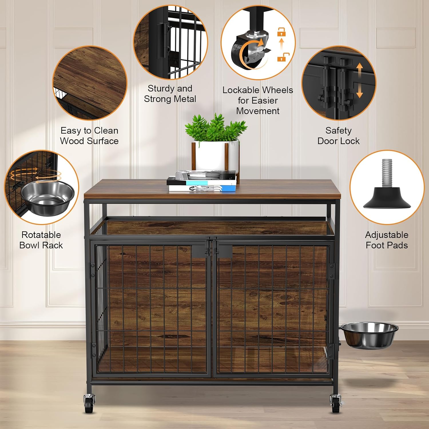 Wooden Dog Crate Furniture with Wheels, Double Doors, 31" B720006