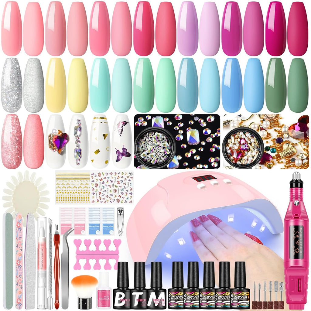 Gel Nail Polish Kit with U V Light Starter Kit and Drill 15Pcs Gel Polish Kit Matte Glossy Top Coat Summer Colors Nail Art Decoration Gel Manicure Kit DIY at Home Gifts for Women