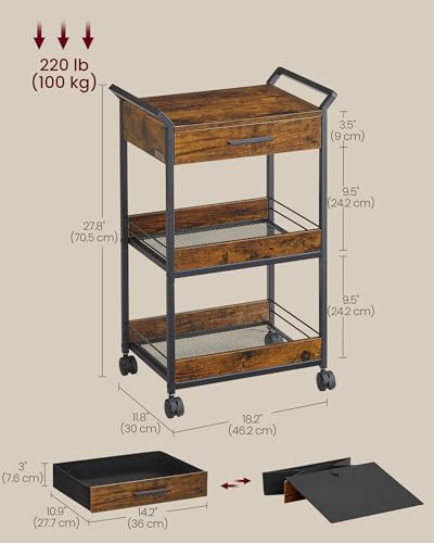 VASAGLE 4-Tier Rolling Utility Cart with Table Top, Lockable Casters, Rustic Brown and Ink Black L57262