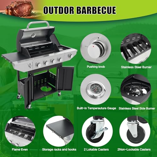4 Burner Gas Grill with Side Burner, Stainless Steel Propane BBQ U7093