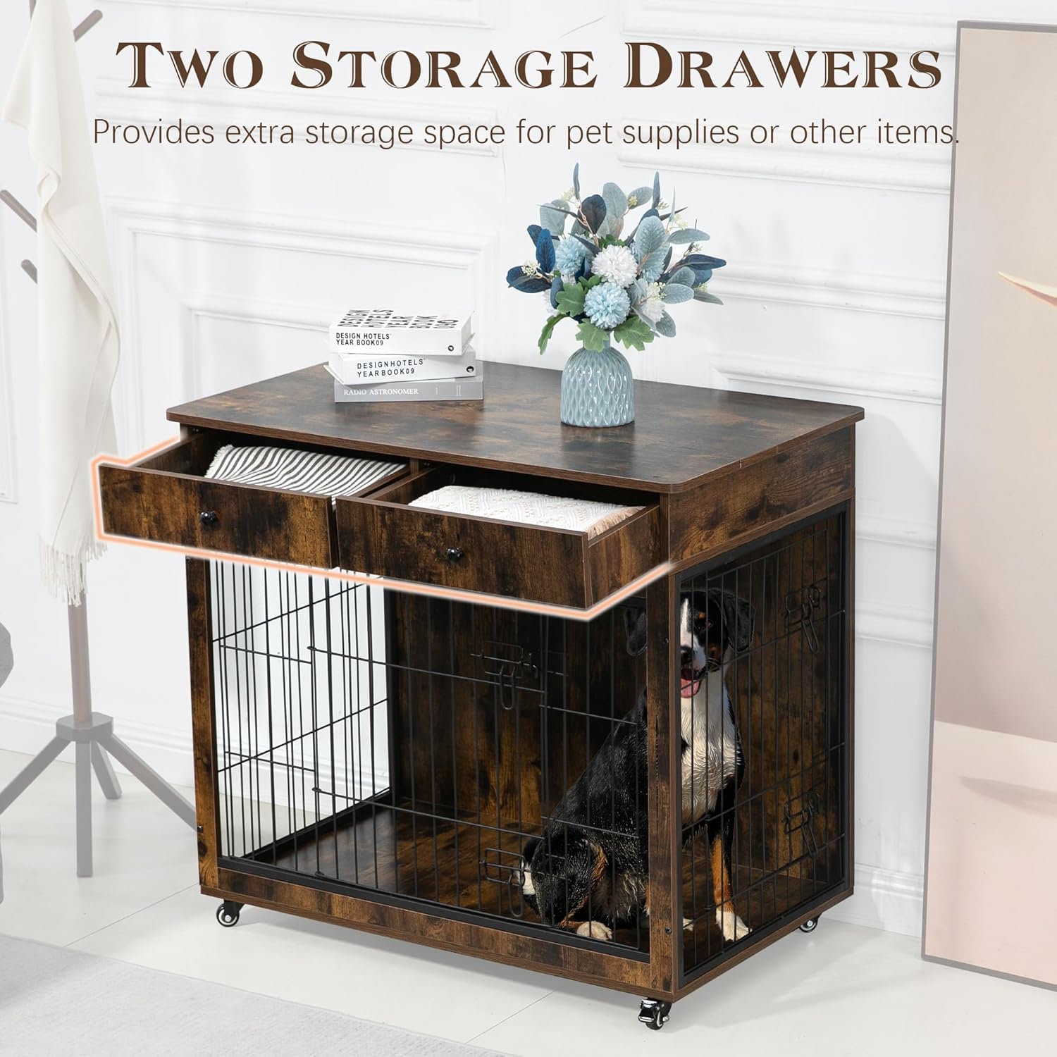 Yehha Cabinet Crate Furniture with Storage Drawer and Wheels, Wooden Dog Kennel, Brown D49834