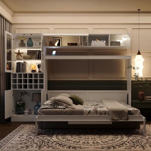 MERITLINE Queen Murphy Bed with Couch and Storage Shelves, LED Light, White J578